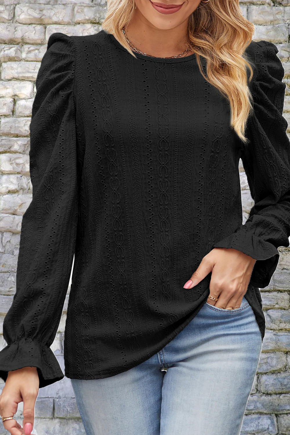 Round Neck Puff Sleeve Blouse