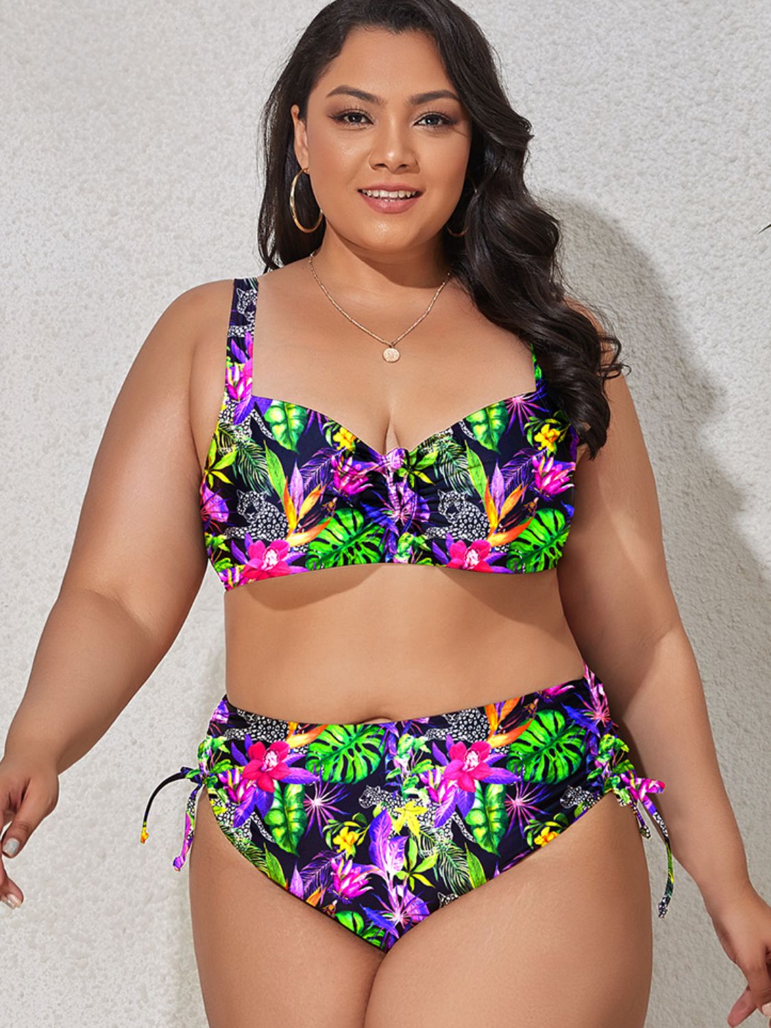 Plus Size Printed Drawstring Detail Bikini Set - Babbazon new