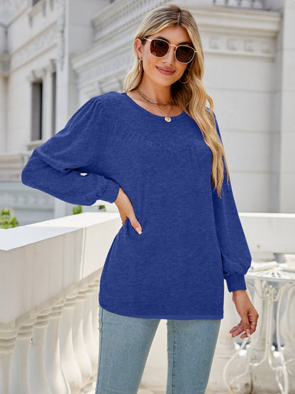 Heathered Round Neck Lantern Sleeve Blouse