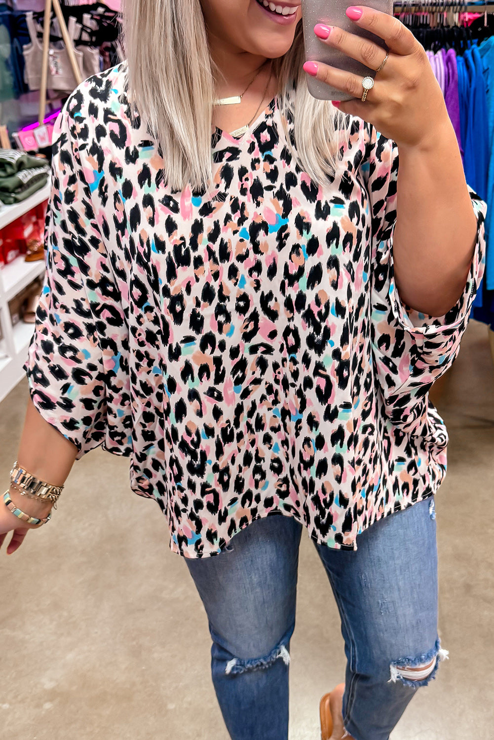 Brown Leopard Print V Neck Plus Size Batwing Top - Babbazon Plus Size Tops