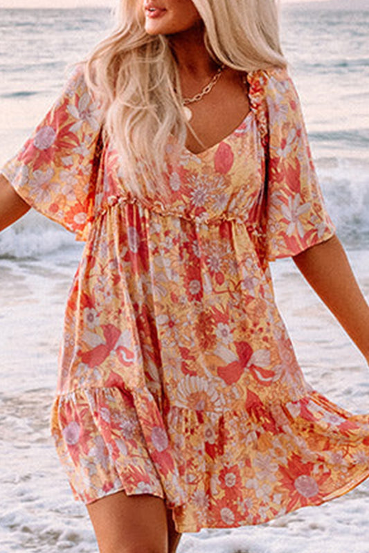 Orange Wide Flutter Sleeve V Neck Floral Dress - Babbazon Short Dresses