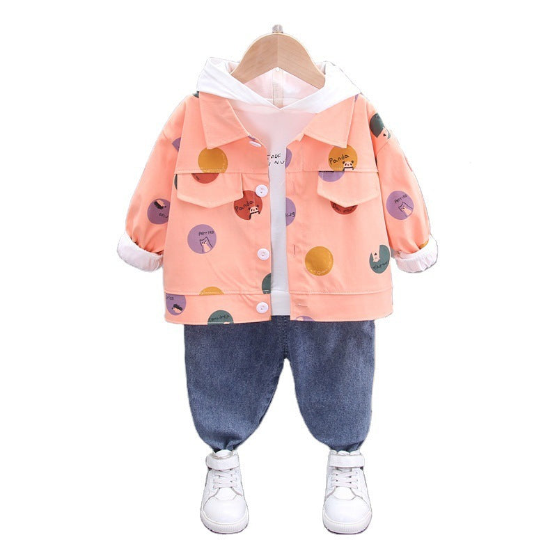 Children's Hooded Long-sleeved Sweater All-match Denim Trousers Children's Three-piece Suit