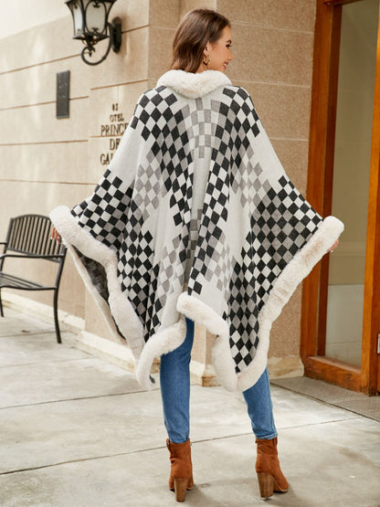 Checkered Faux Fur Trim Poncho 