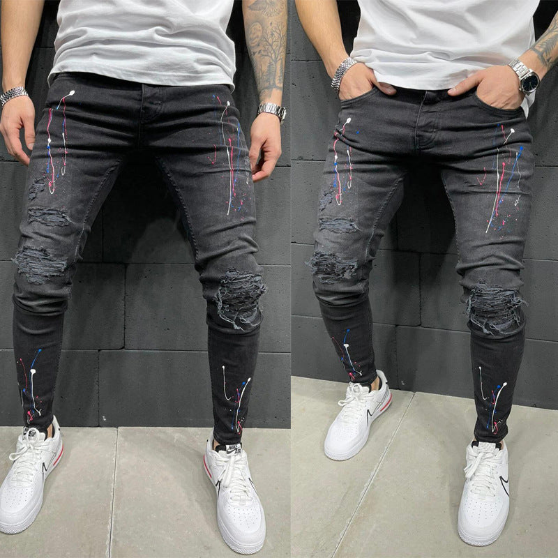 Men's Ripped Printed Jeans With Paint-stretch Stretch Feet