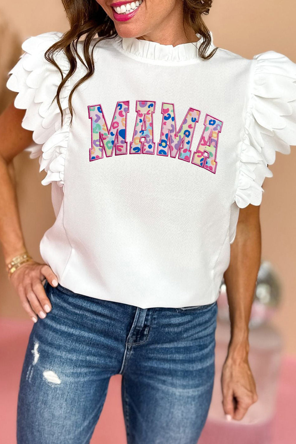 White MAMA Leopard Graphic Frill Neck Layered Sleeve Tee - Babbazon Graphic Tees