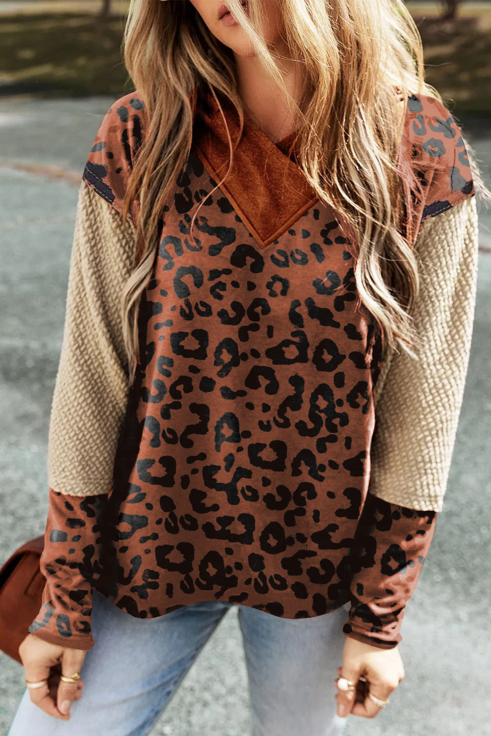 Brown Textured Patchwork Sleeve Leopard Hoodie - Babbazon Sweatshirts & Hoodies