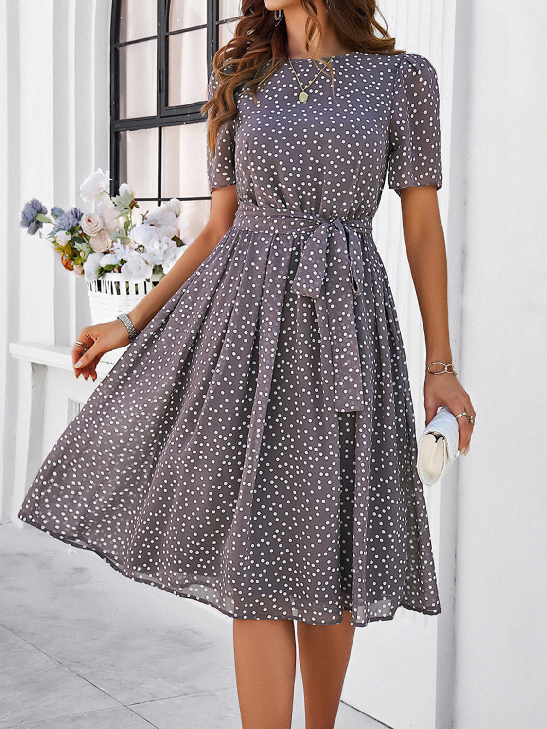 Printed Round Neck Short Sleeve Dress - Babbazon New Products