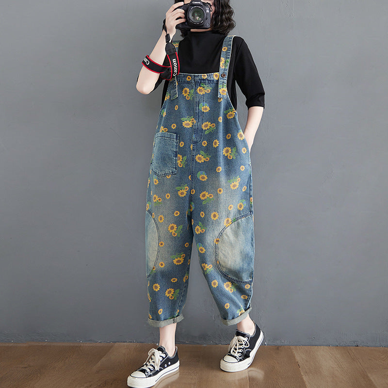 Women's Summer Retro Literary Print Denim Overalls