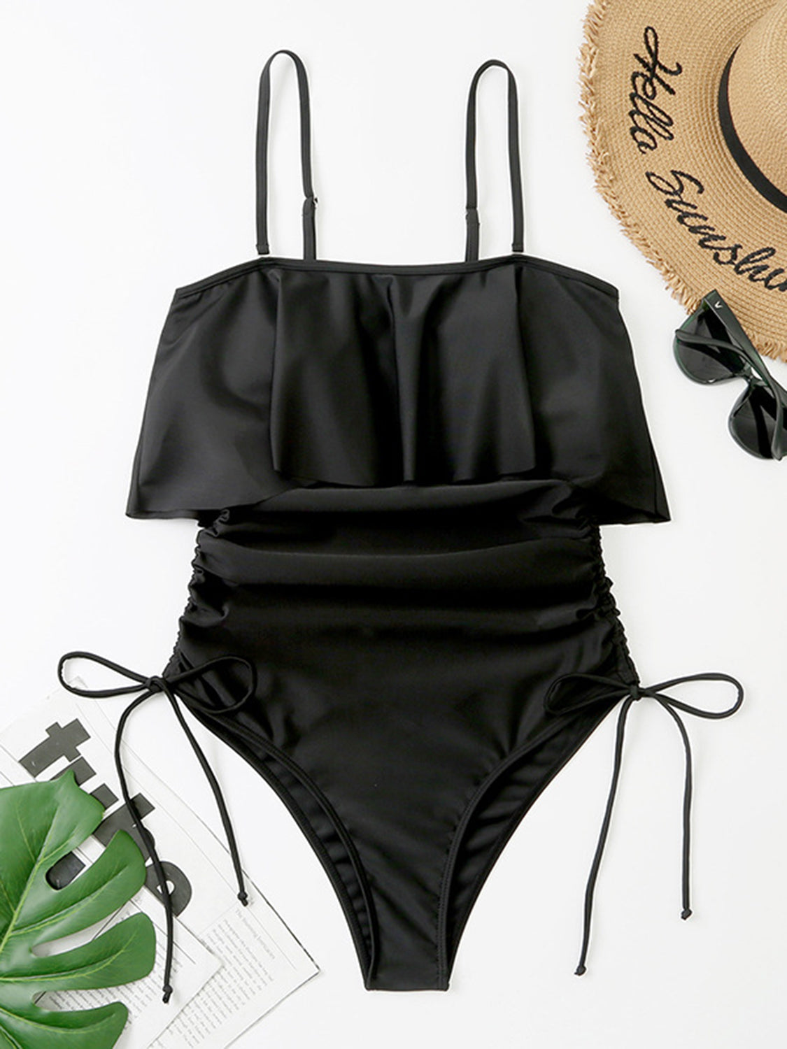 Drawstring Layered Spaghetti Strap One-Piece Swimwear 