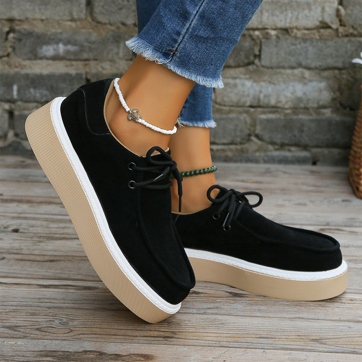 New Thick Bottom Lace-up Flats Women Solid Color Casual Fashion Lightweight Walking Sports Shoes 