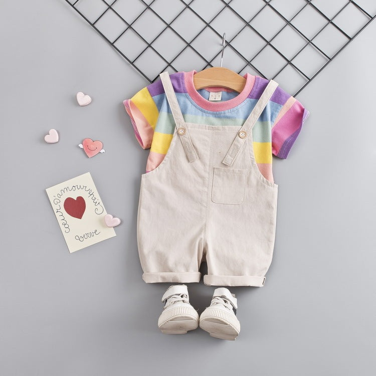 Two Large Striped Round Neck Short-Sleeved Rainbow Suspenders Shorts