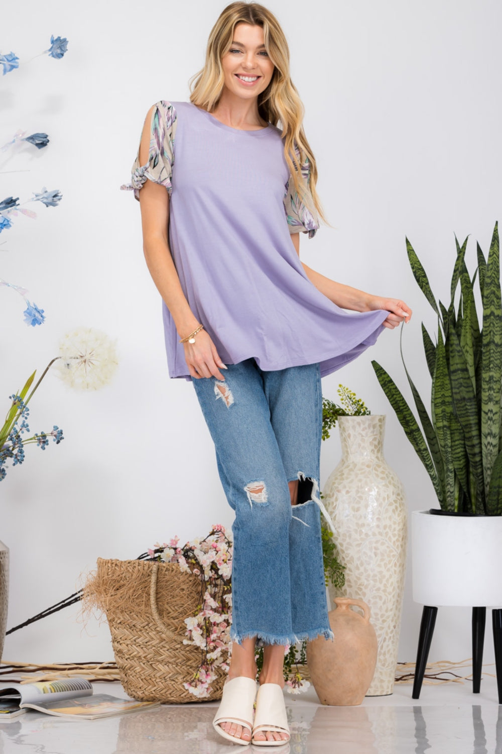 Celeste Full Size Open Tie Sleeve Round Neck Blouse 