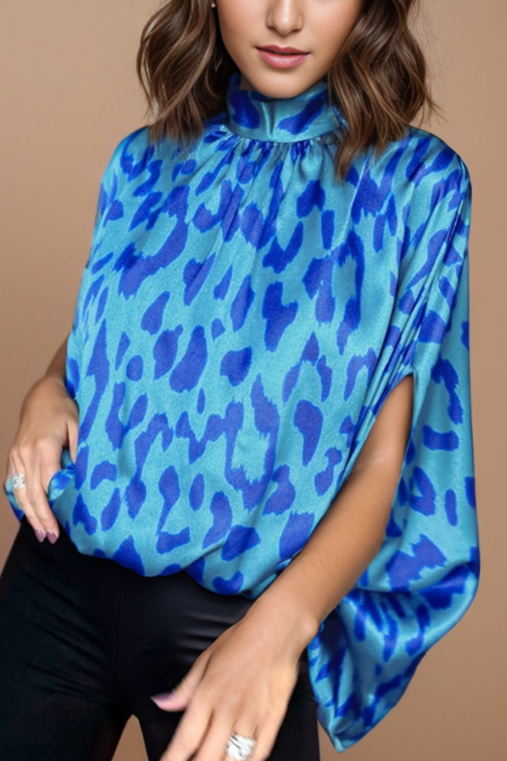 Printed Turtleneck Half Sleeve Blouse - Babbazon New Products