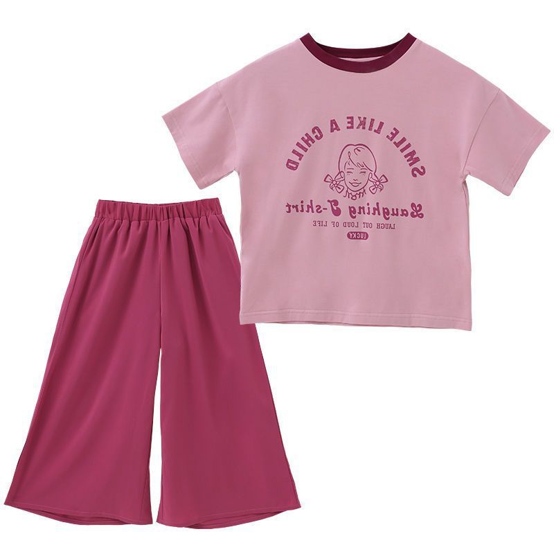 Sporty Western Style Short-sleeved Children's Wide-leg Pants Two-piece Suit