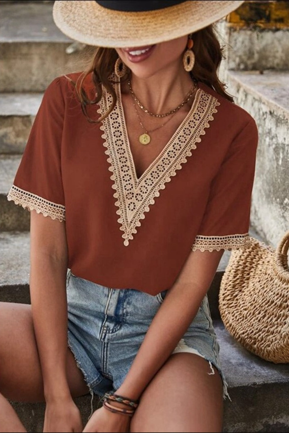 Full Size Lace Detail V-Neck Short Sleeve Blouse 