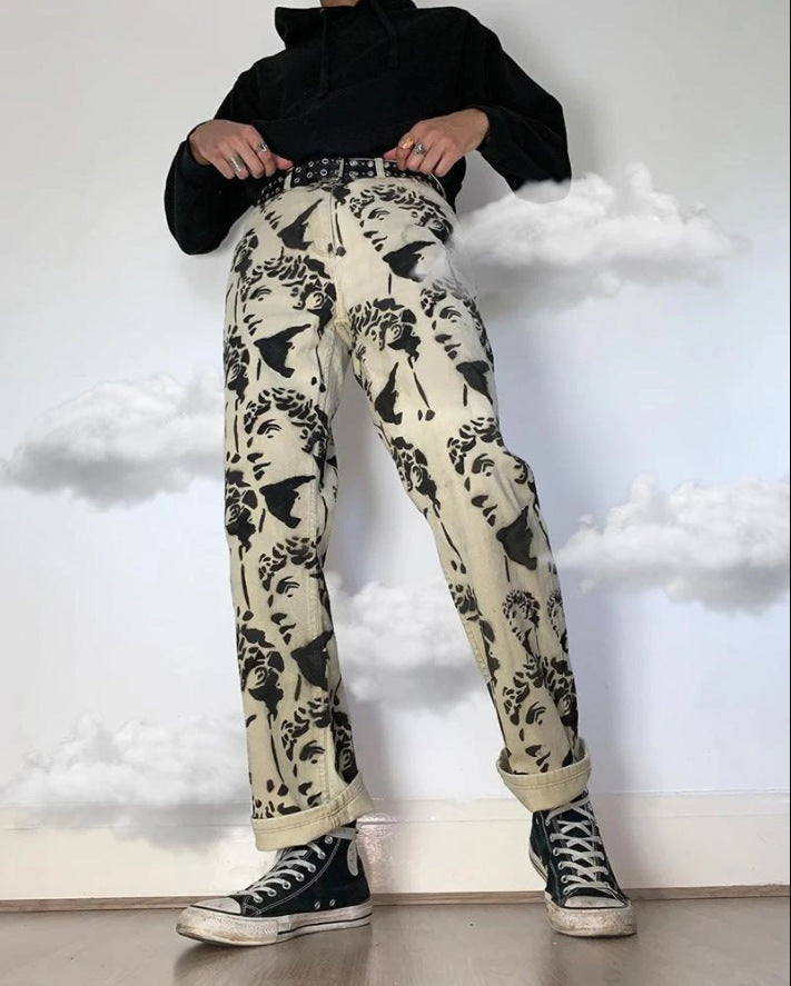 Men's Pants Loose Polished White Washed Straight Tie Dye Denim Trousers