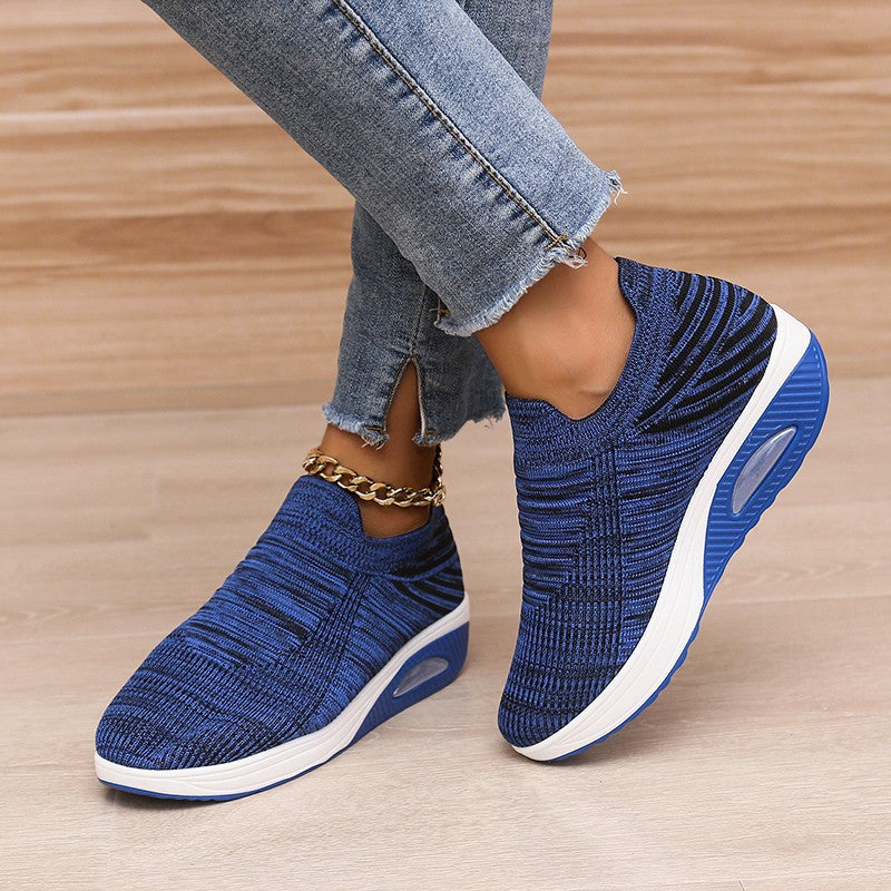 New Stripe Design Mesh Shoes Fashion Slip On Air Cushion Shoes Breathable Round-toe Flats Women 