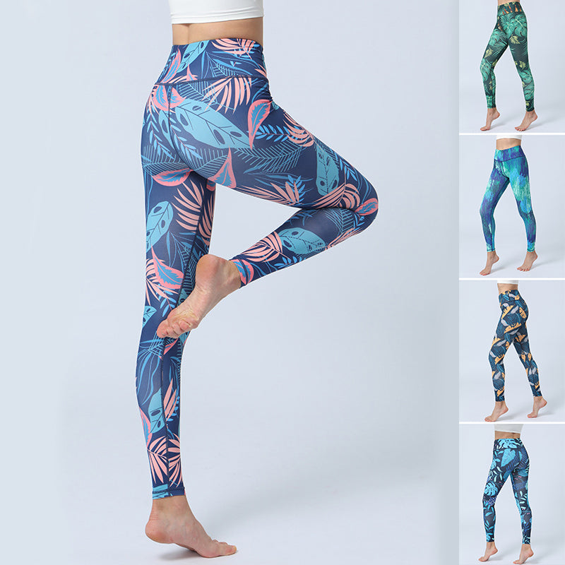 Fashion Leaves Printed Yoga Pants Women's High Waist Hip Lifting