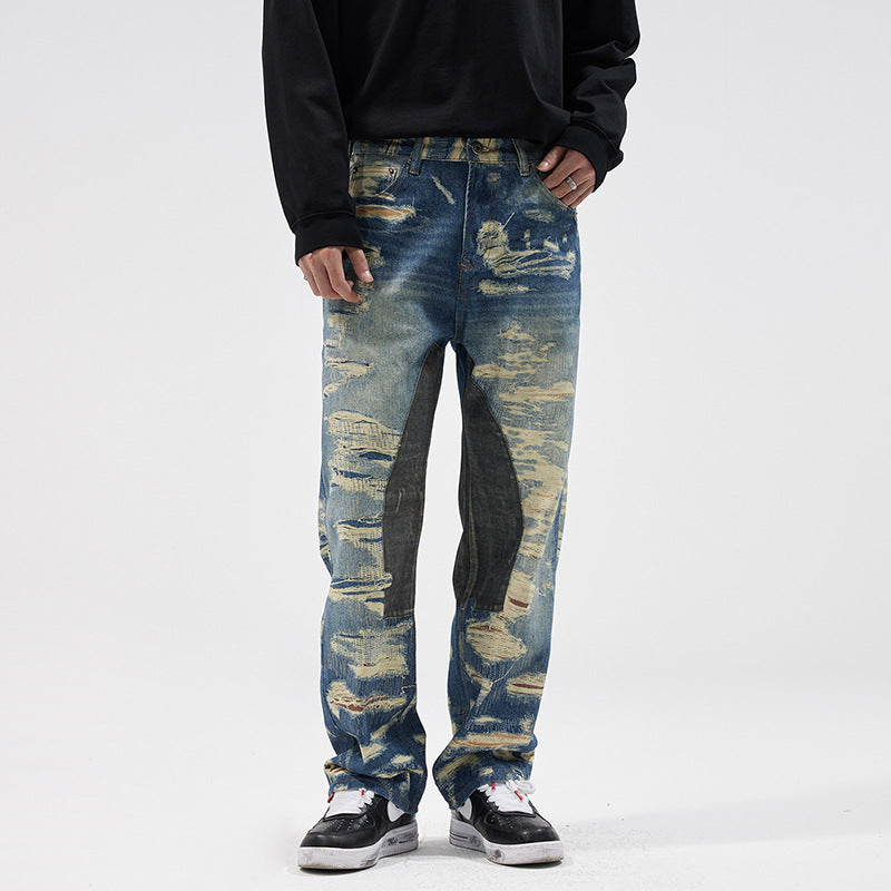 Washed Printed Straight Personality Street Fashionable Denim Trousers