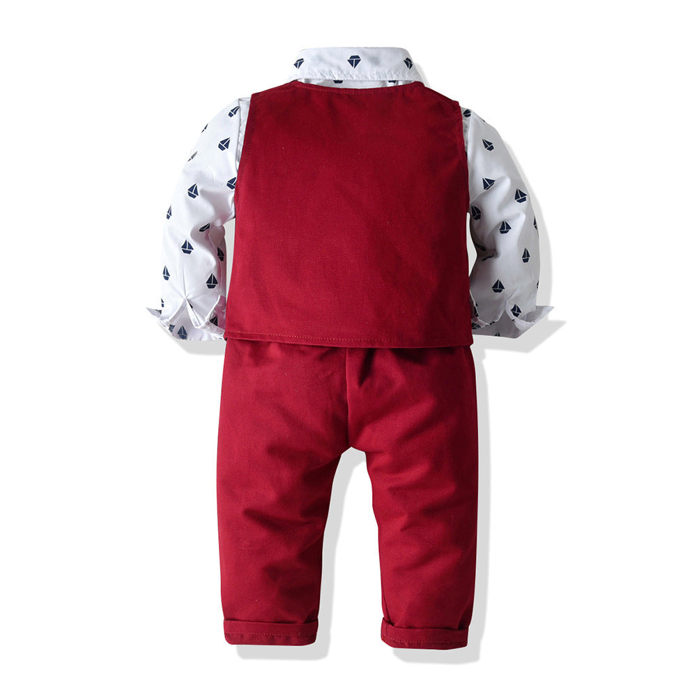 Boys Children's Long-sleeved Shirt Vest And Pants Suit