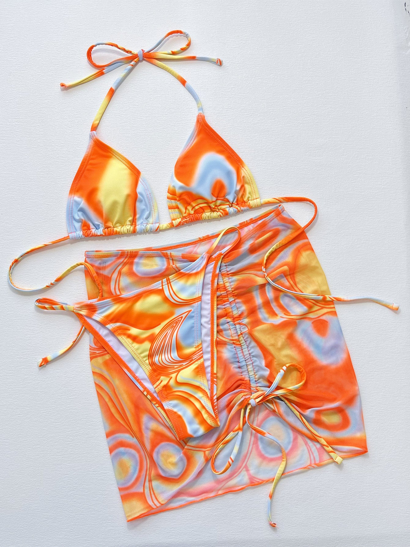 Multicolored Drawstring Ruched Three-Piece Swim Set 