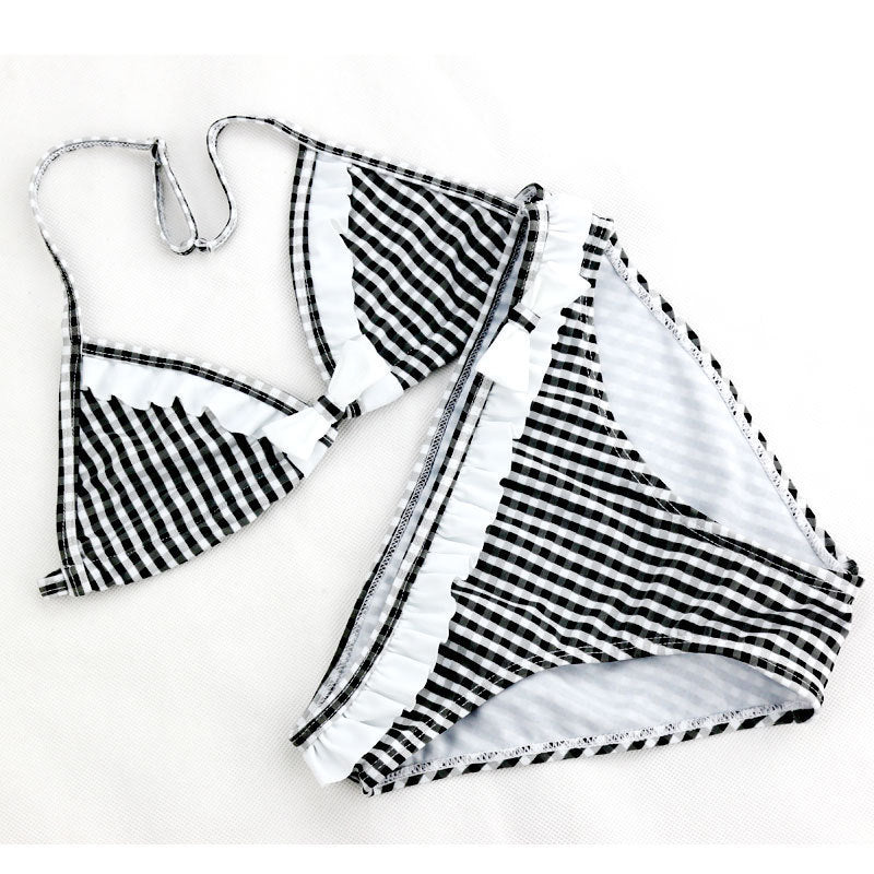 Girls Tight High Stretch Plaid Pattern Bikini Swimsuit