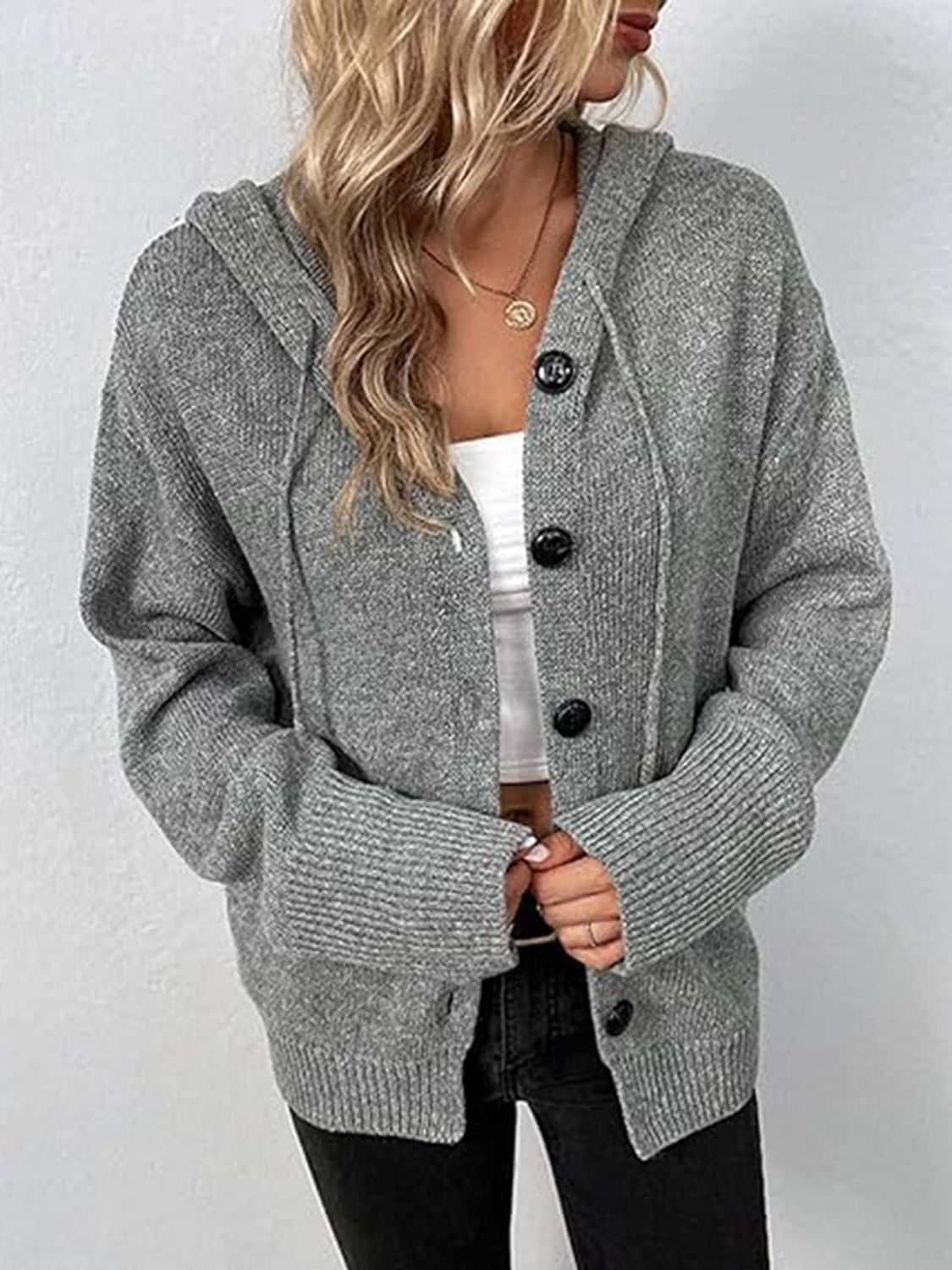 Button Up Drawstring Long Sleeve Hooded Cardigan 