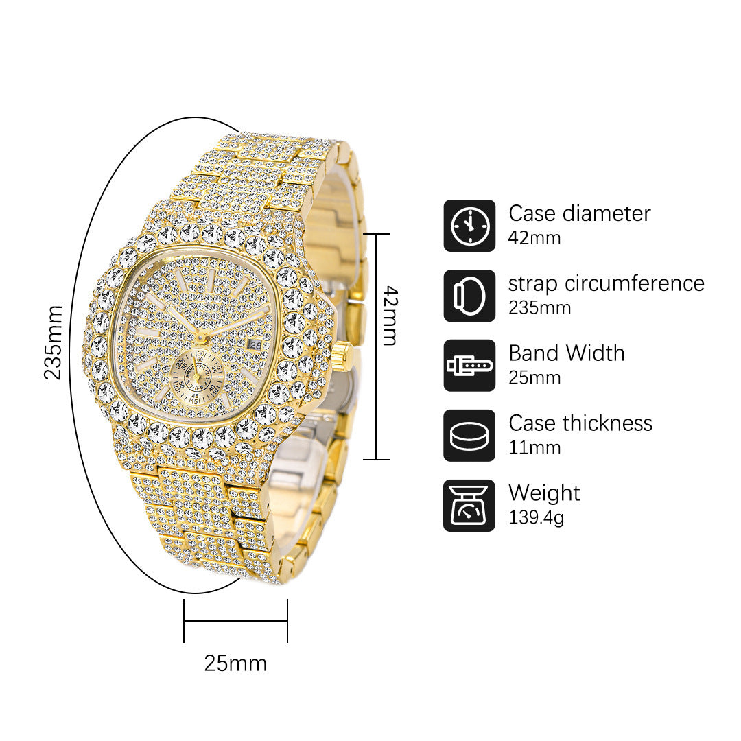 Full Diamond Hip Hop Calendar Luminous Quartz Waterproof Business Men's Gold Watch