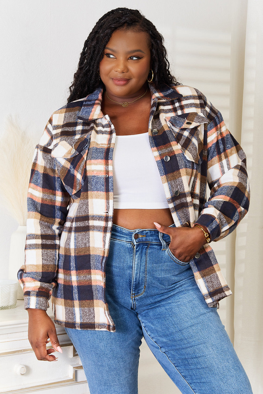 Double Take Plaid Button Front Shirt Jacket with Breast Pockets - Babbazon new