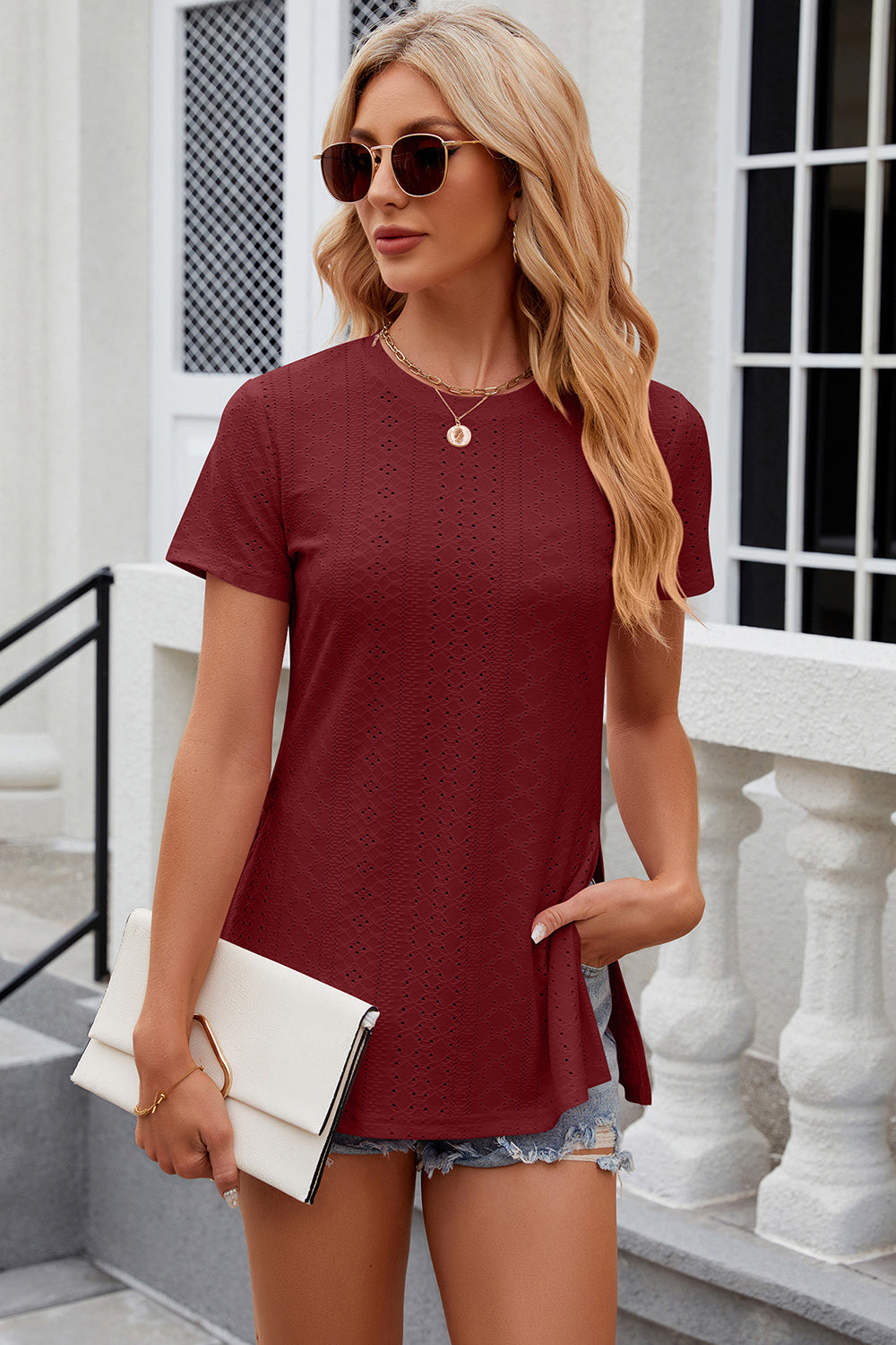 Eyelet Slit Round Neck Short Sleeve T-Shirt - Babbazon Camisole