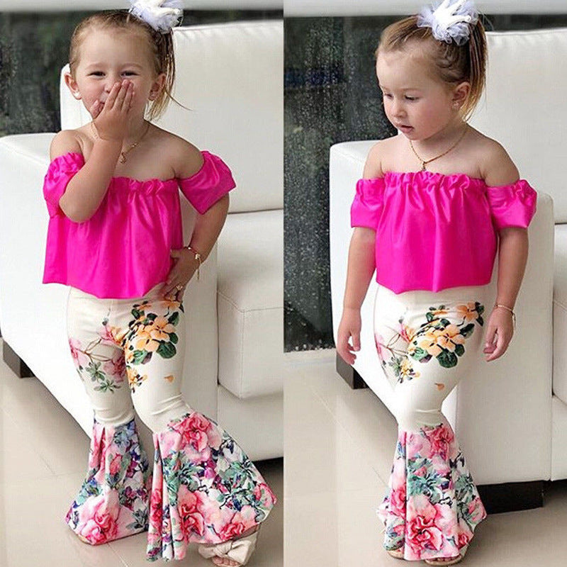 Girls' Flying Sleeves One-shoulder Blouse And Flower Trousers 2-piece Set