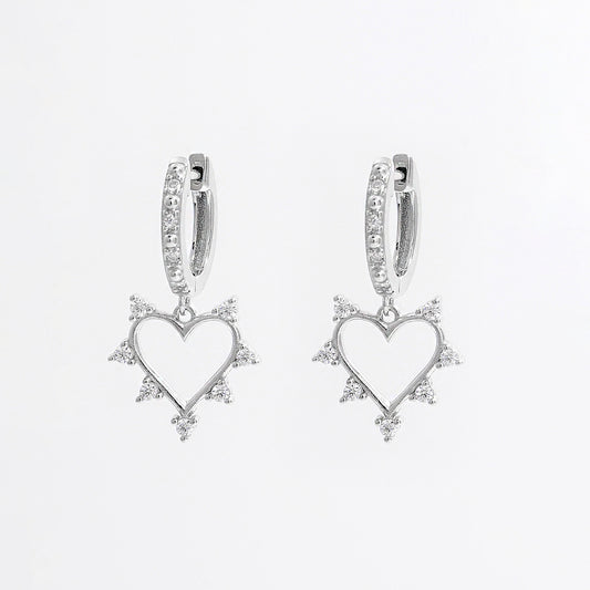 925 Sterling Silver Inlaid Zircon Heart Dangle Earrings 