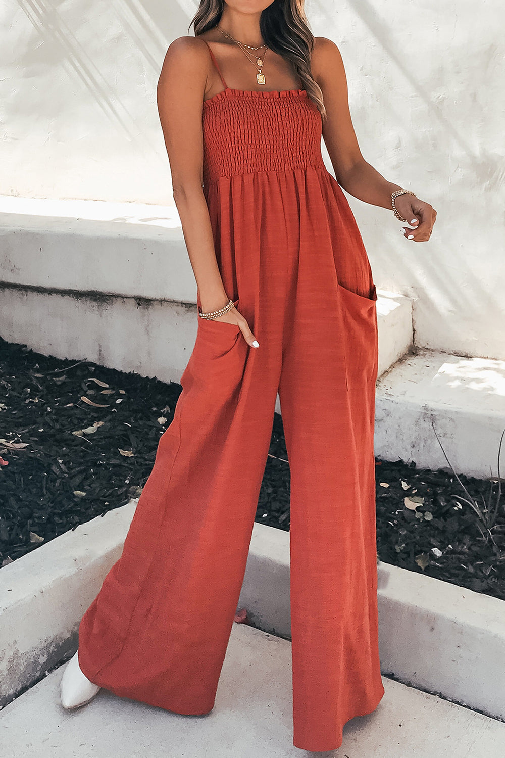 Smocked Spaghetti Strap Wide Leg Jumpsuit - Babbazon new