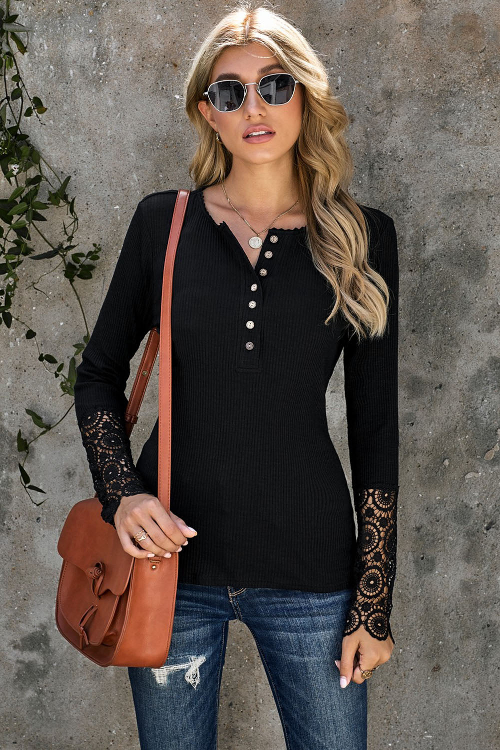 Crochet Lace Hem Sleeve Button Top - Babbazon Tops