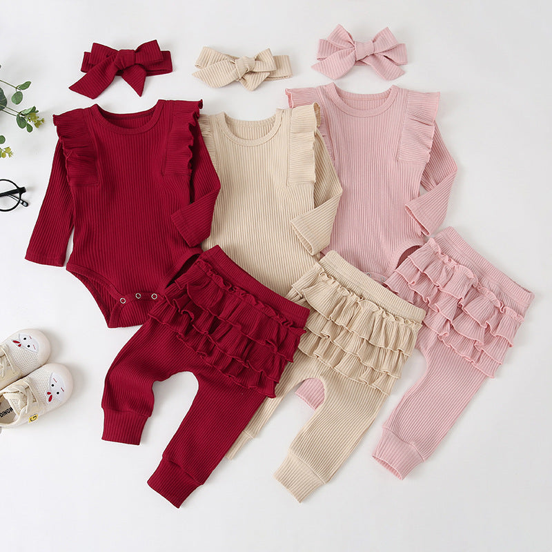 Autumn Children's Clothing Girls Casual Long-sleeved Lace-sleeved Romper Three-piece Suit With Bow Headdress