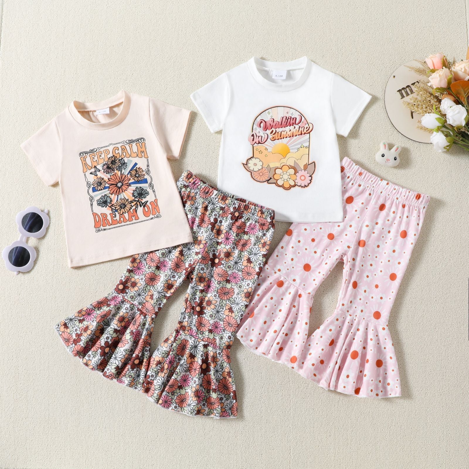 New Children's Flower Print Short Sleeve Bell-bottom Pants Summer Suit