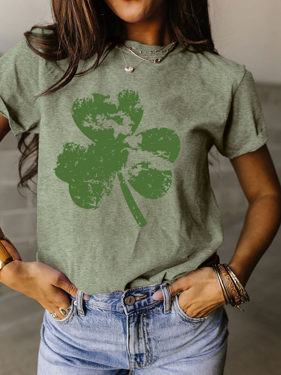 Full Size Lucky Clover Round Neck Short Sleeve T-Shirt - Babbazon New Products