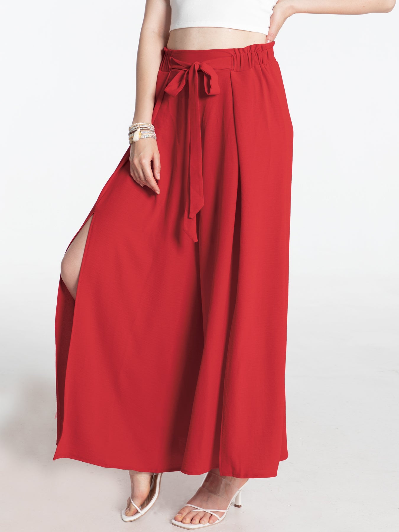 Tied Slit Wide Leg Pants 