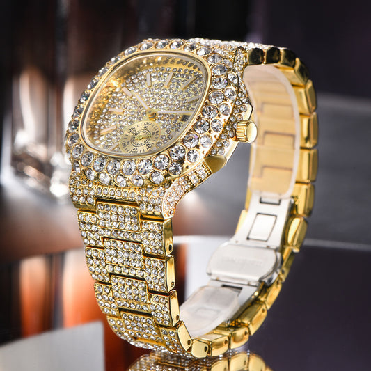 Full Diamond Hip Hop Calendar Luminous Quartz Waterproof Business Men's Gold Watch