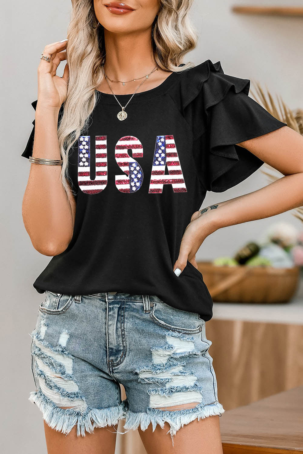 USA Round Neck Flounce Sleeve Top - Babbazon New Products