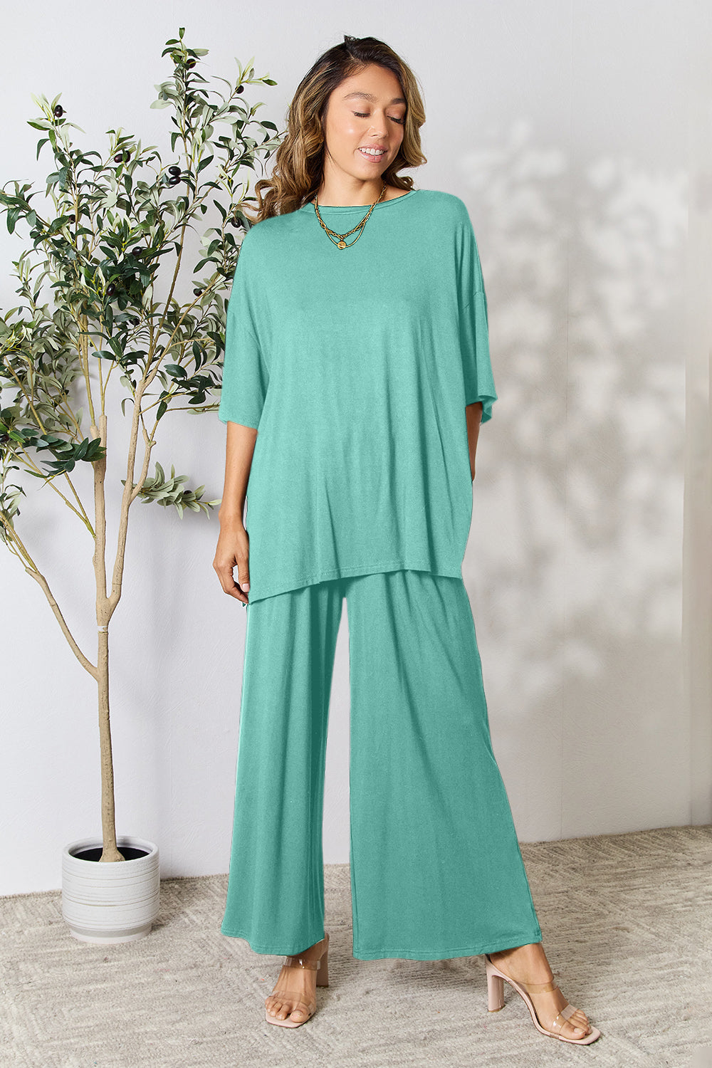 Double Take Full Size Round Neck Slit Top and Pants Set - Babbazon