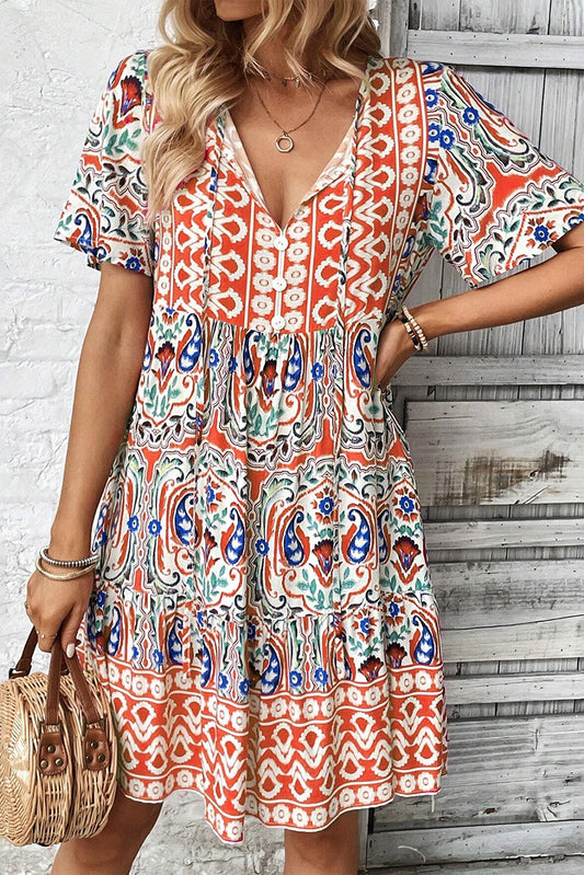 Orange Bohemian Tie Neck Flounce Sleeve Ruffle Hem Mini Dress - Babbazon Short Dresses