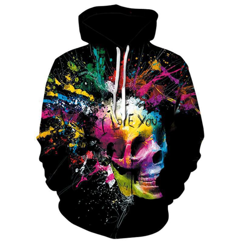 European And American Foreign Trade 3D Color Skull Printed Hood Pocket Pullover Sweater