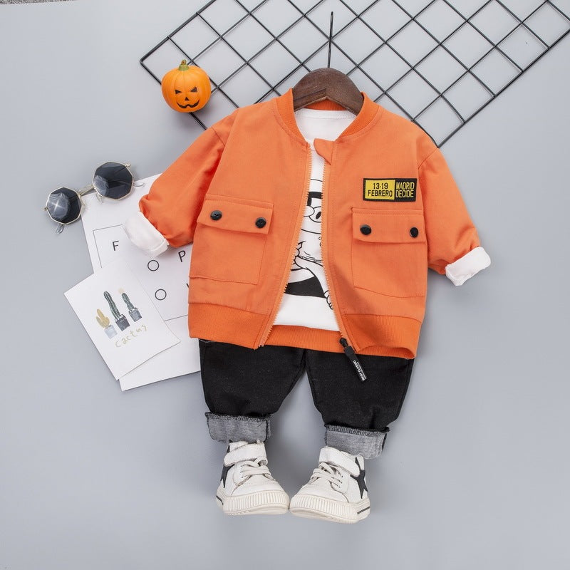 Children's Casual Long-sleeved V-neck Zipper Jacket Pullover Jeans Three-piece Suit