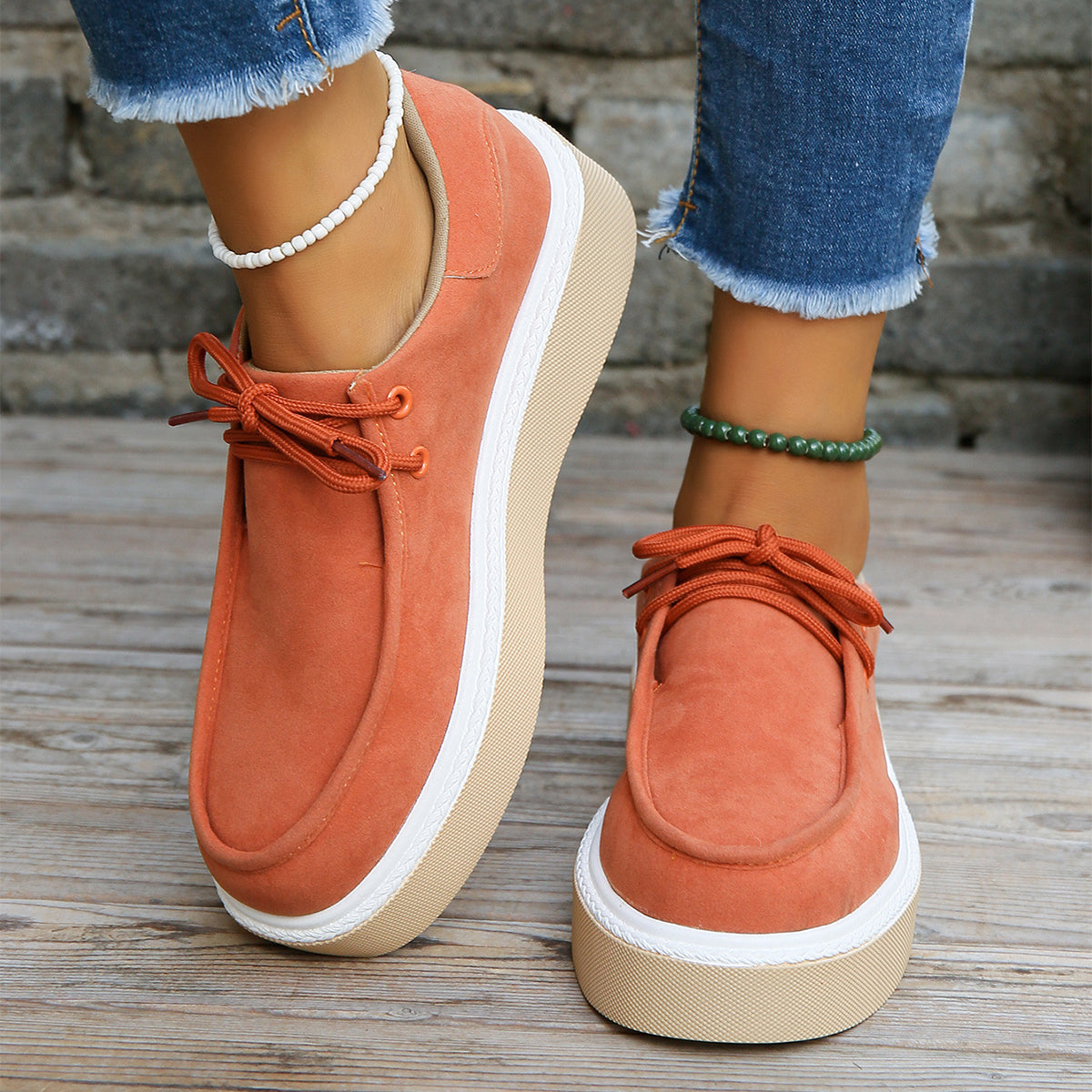 New Thick Bottom Lace-up Flats Women Solid Color Casual Fashion Lightweight Walking Sports Shoes 