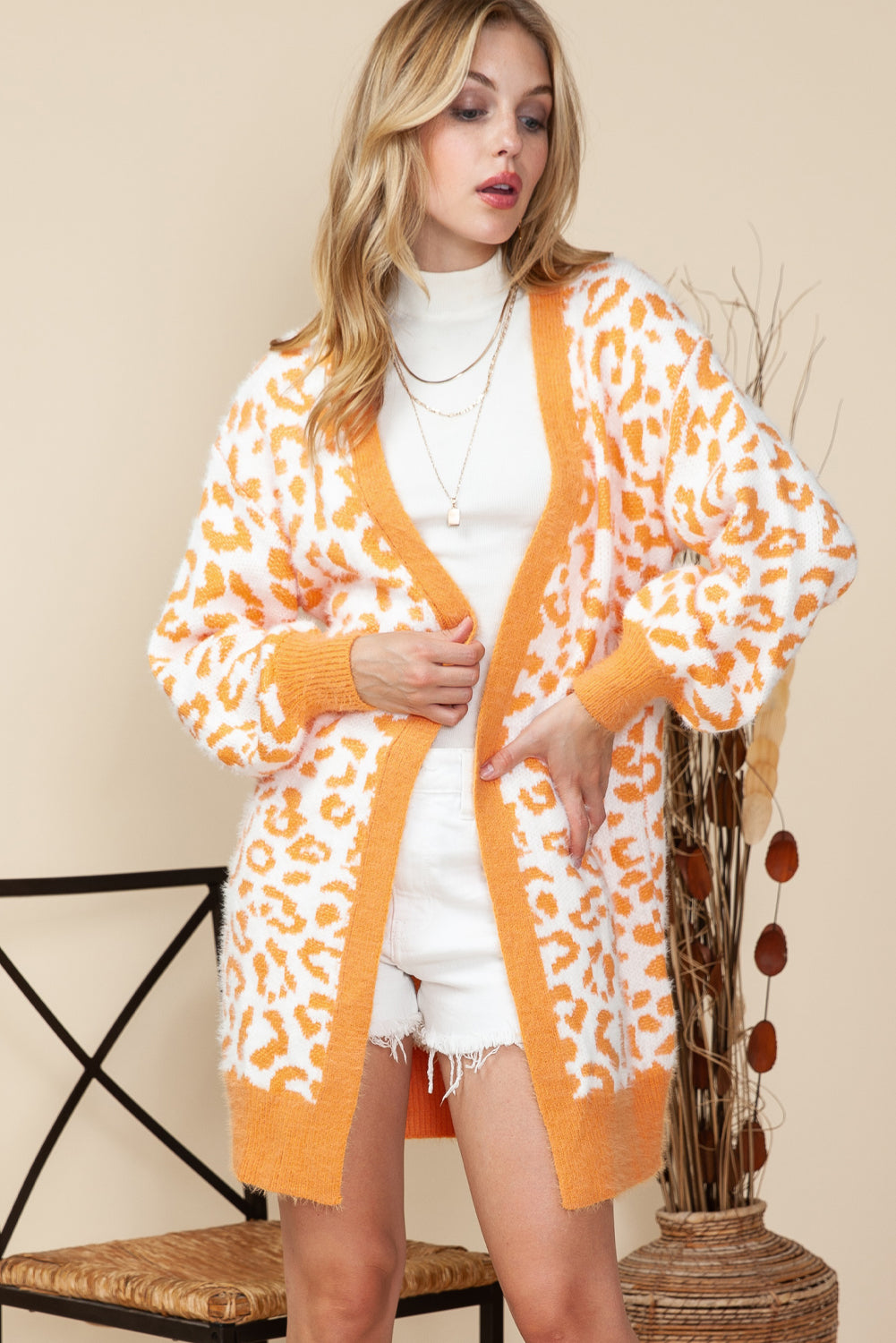 Apricot Leopard Print Open Front Mohair Long Cardigan - Babbazon Cardigans