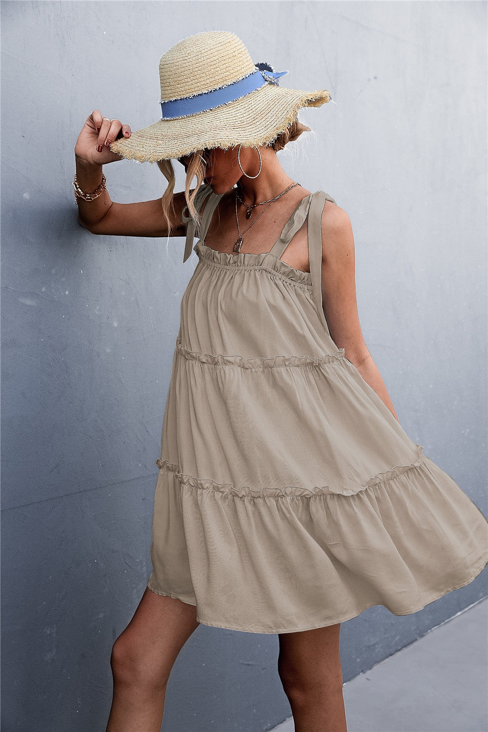 Frill Tiered Tie Shoulder Mini Cami Dress 