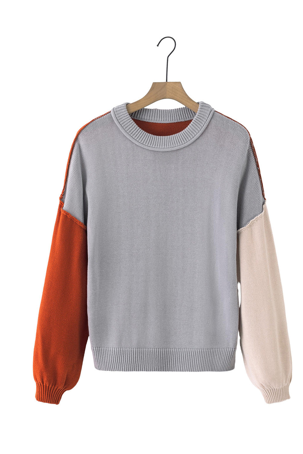 Contrast Round Neck Dropped Shoulder Sweater - Babbazon Women's Tops