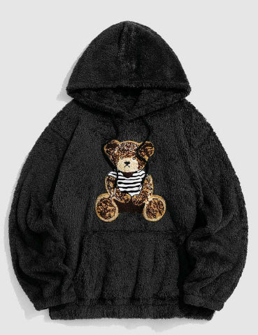 Flannel Fabric Plush Bear Embroidery Badge Hooded Sweater