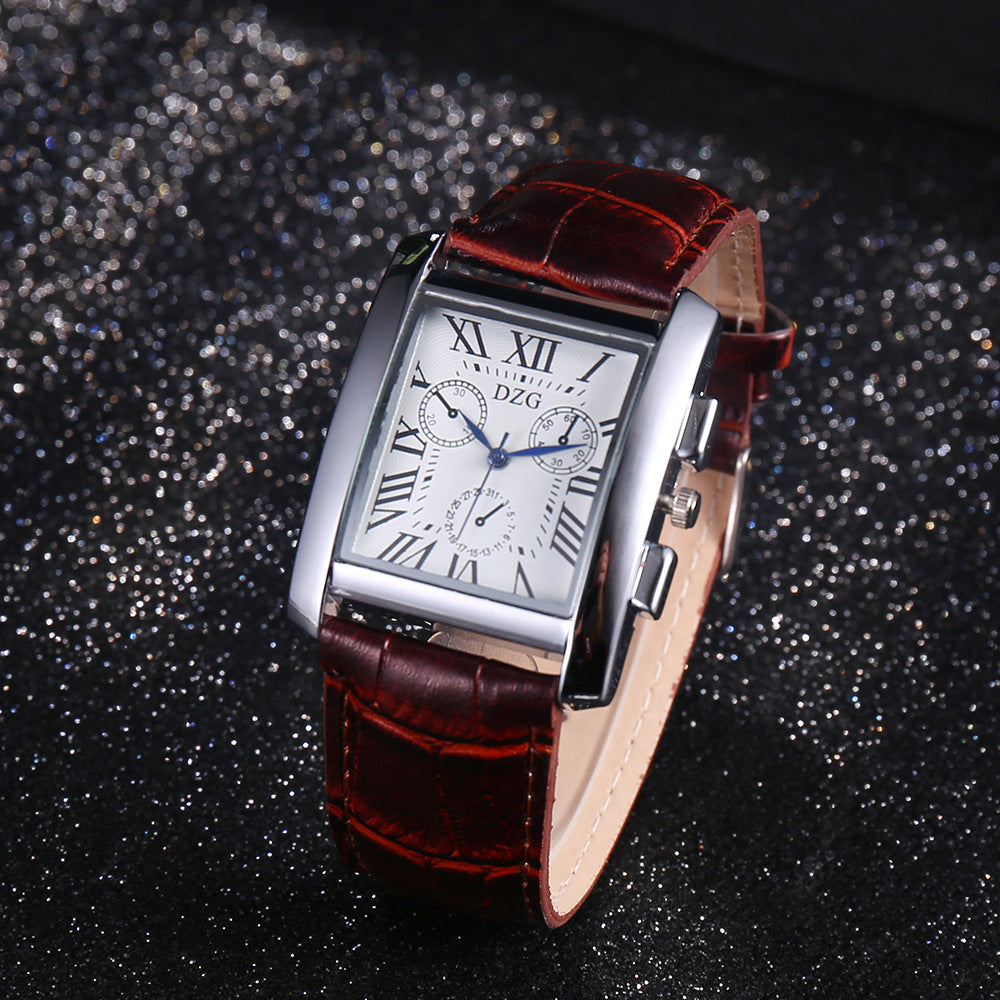 Mens Roman Scale Three Eyes Square Belt Watch